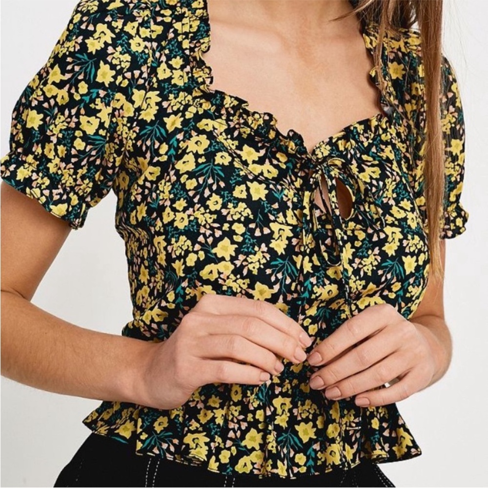 Urban Outfitters Yellow Floral Tie-Front Crop Top